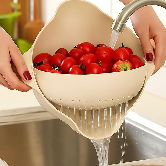 Rinse & Drain Bowl Strainer & Colander Combo – Double-Layer 360° Rotating Basket, BPA-Free Plastic with Handles & Pour Spouts – Wash Fruits, Vegetables, Pasta, Herbs, Beans & Salad Greens
