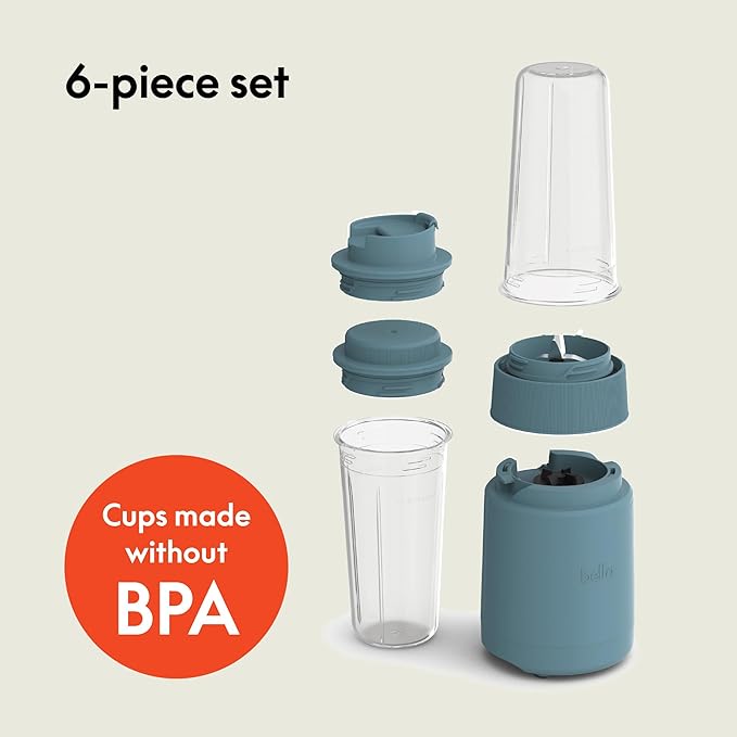 bella 6 Pcs Portable Rocket Blender, Juicer & Smoothie Maker, Press & Twist Design, EverGood™ & BPA Free Dishwasher Safe Parts, 4 Tip Stainless Steel Blade, Cord Wrap, 240 Watt Motor, Surf
