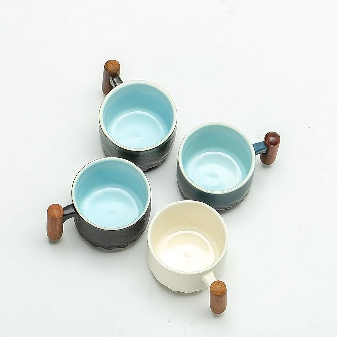 Porcelain Espresso Cups Set of 2, Small Tea Cups, 2 oz Ceramic Espresso Cups with Wooden Handle