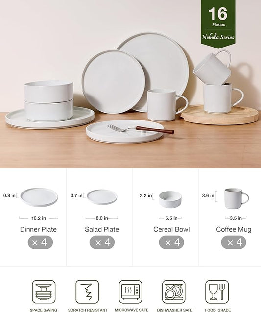Famiware Nebula Dinnerware Sets with Mugs, Service for 4 (16 Pieces), Fine Stoneware Plates and Bowls Sets, Microwave and Dishwasher Safe Dishes Set, White