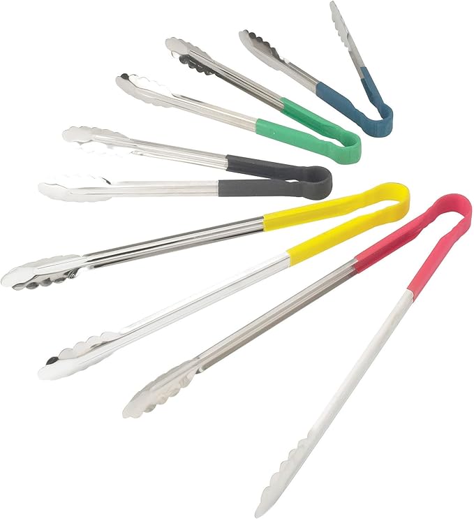 Winco 9" Stainless Steel Serving Tongs with Non-Slip Handle, Red