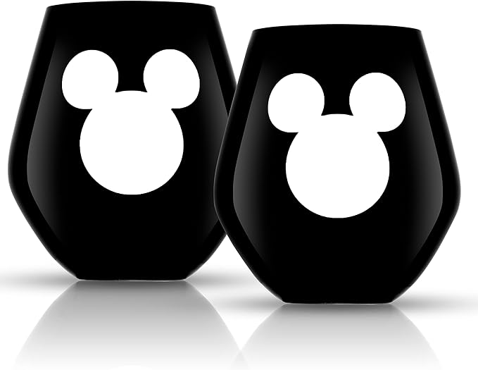 JoyJolt Disney Luxury Mickey Mouse Stemless Wine Glasses Set. 2x European Crystal Glass Drinking Glasses. Premium Xmas Stuff, Gifts and Cups. 20oz Black Wine Glass, Disney Wine Glass