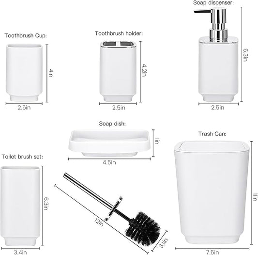 Bathroom Accessory Set 6 Piece Bathroom Accessories Set with Toothbrush Holder&Cup,Soap Dispenser& Dish,Toilet Brush Holder,Trash Can Plastic Gift Set for Bathroom Decorative Countertop(White