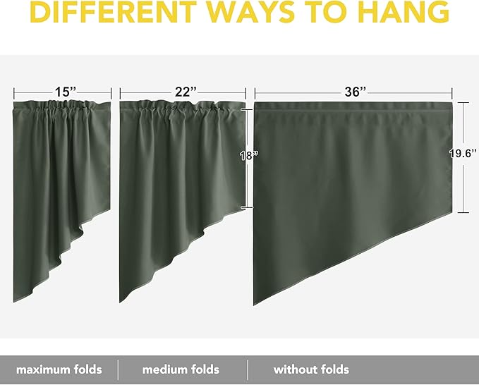 NICETOWN Short Curtains for Small Windows, Thermal Insutaled Room Darkening Farmhouse Curtain Shade for Kitchen Rod Pocket Swag Curtain for Living Room, 2 PCs, 36" x 36" x 18" per Panel, Dark Mallard