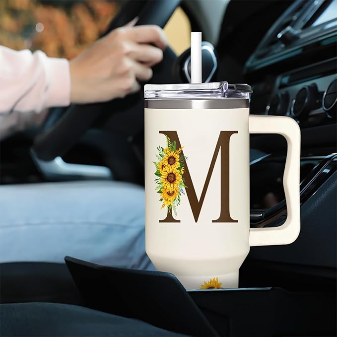 Personalized Birthday Gifts For Women - Sunflowers Monogrammed Cup For Boss Day, Christmas - Customized Gifts For Women, Mom, Wife, Coworkers, Boss Lady, Her - Custom Tumbler With Handle 40oz