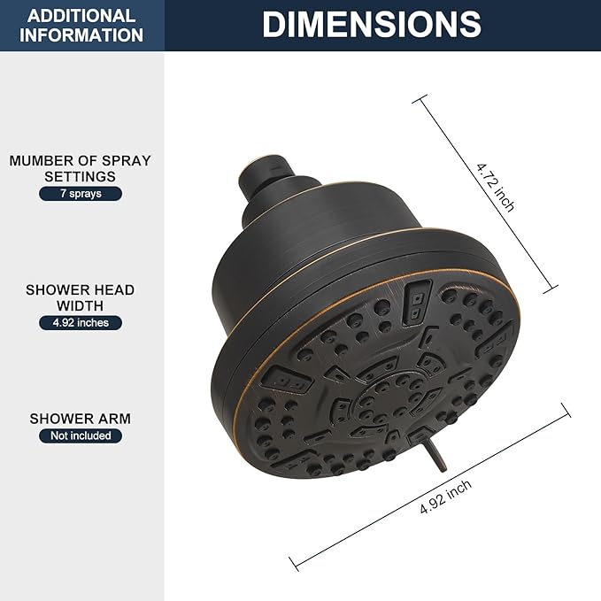 High Pressure Shower Filter Head Oil Rubbed Bronze Fixed Shower Head 7 Settings, 5 Inch Bathroom Rain Shower Head with Enhanced Filter for Hard Water, Reduces Chlorine and Harmful Substances