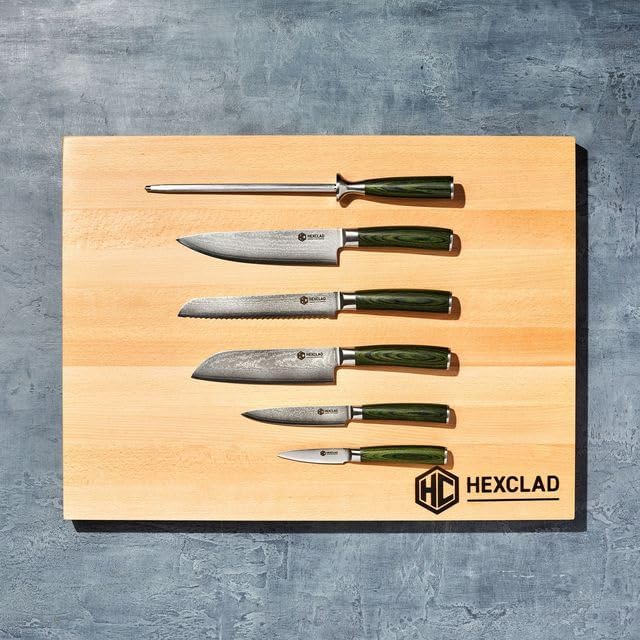 HexClad Essential Knife Set, 6-Piece, Japanese Damascus Stainless Steel Blades, Full Tang Construction, Pakkawood Handles