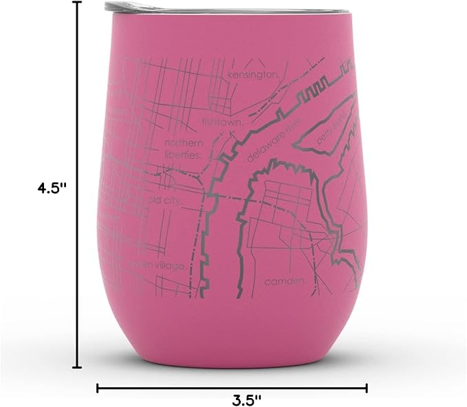 Well Told Engraved Philadelphia Pennsylvania Map Insulated Wine Tumbler, Etched Stainless Steel Cup (12 oz, Sunset Pink) City Map Insulated Tumbler, Custom Insulated Tumbler, Outdoor Drinkware