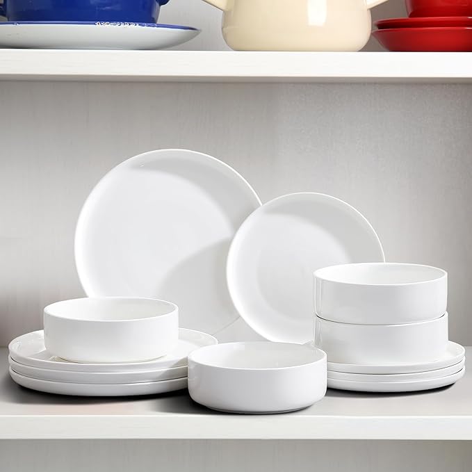Plates and Bowls Sets,12 Pieces Porcelain Dinnerware Sets, White Ceramic Dishes Set for 4, Dishware Sets, Microwave and Dishwasher Safe, Scratch Resistant, Dining Ware Service for 4