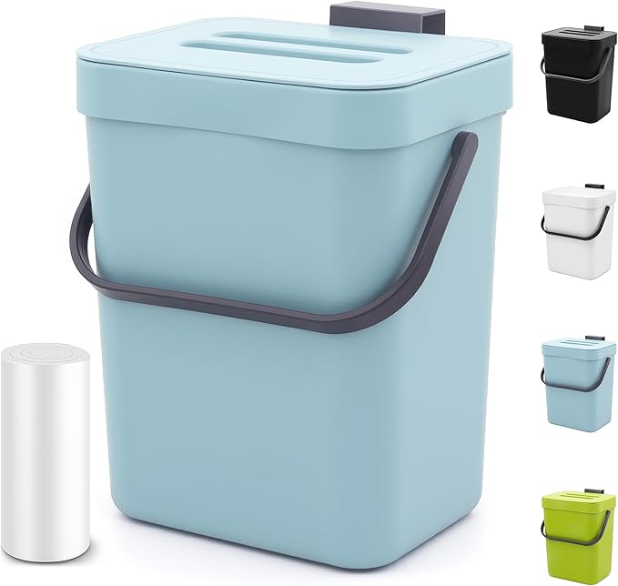 1.3 Gallon Small Trash Can with Lid - Countertop Food Waste Bin, Kitchen Hanging Trash Can for Cabinet Door/Under Sink, Small Garbage Can for Desk, 5L(Subtle Blue)