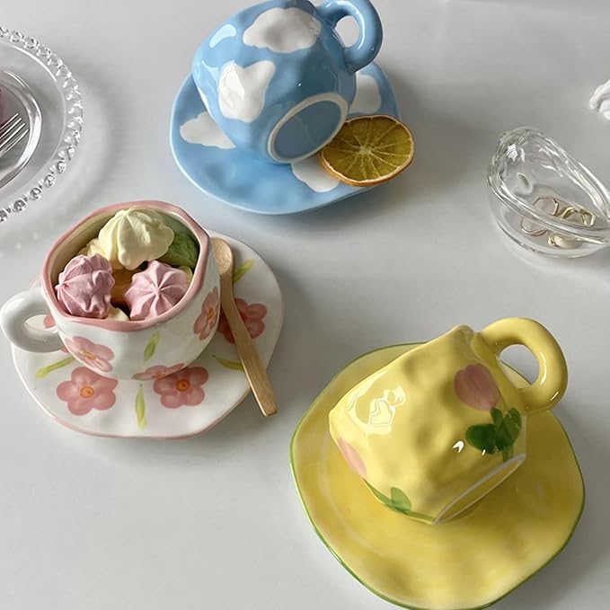 Coffee Mugs Set with Saucer Cute Yellow Tulip Cup Gifts Tea Coffee Mug 250 ML Ceramic Flowers Cup Birthday Gift for Women Girls Mom Friend Coffee Mug