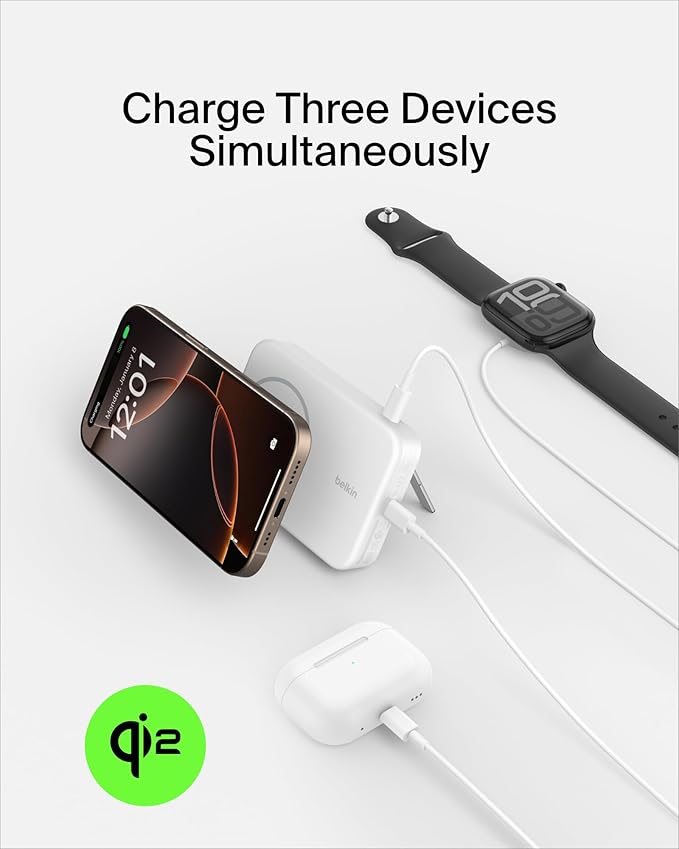 Belkin Portable Charger, Power Bank 10000 mAh w/ Qi2, iPhone Charger - MagSafe Charger w/Built-in Pop-up Kickstand for iPhone 17, Air, Pro, Pro Max, AirPods, Apple Watch, Google Pixel 10, etc - White