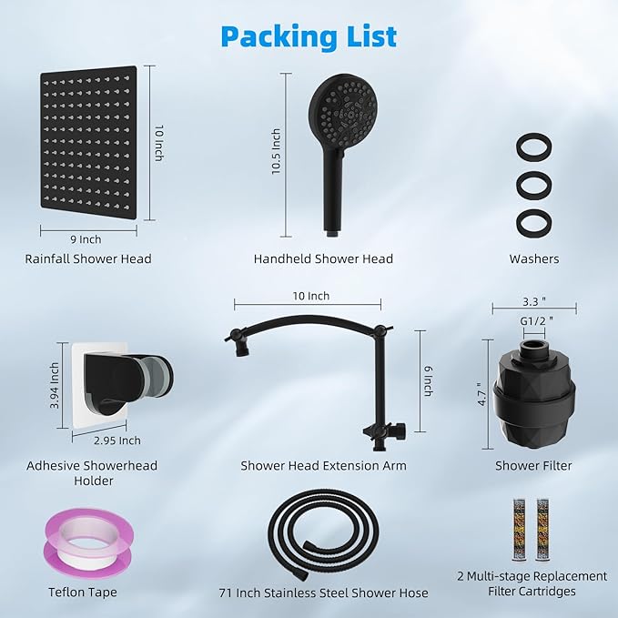 Hibbent All Metal 10'' Dual Filtered Rainfall Shower Head Combo, High Pressure Handheld Shower Head with 16'' Adjustable Extension Arm, 20 Stage Shower Filter, 10-spray, 71'' Shower Hose, Matte Black