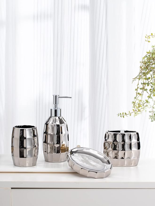 Silver Bathroom Accessory Set, Mosaic Ceramic Bathroom Accessories Set Include Lotion Dispenser, Toothbrush Holder Tumbler, and Soap Dish