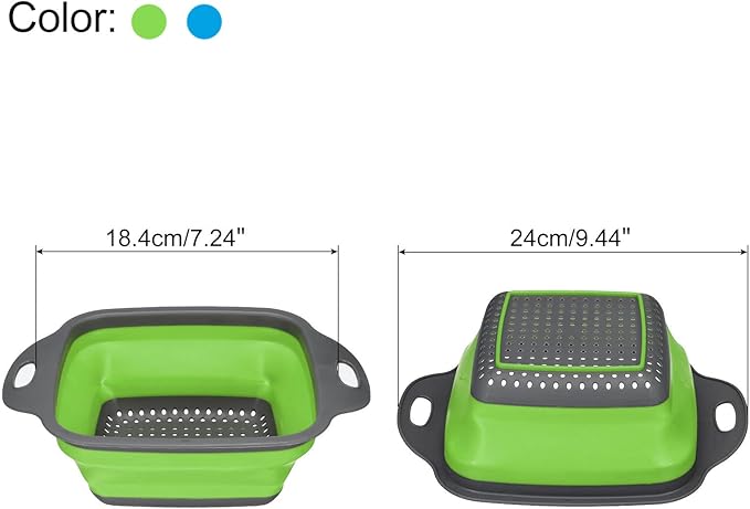 Collapsible Colander Set, 2pcs Silicone Square Foldable Strainer Space Saving Suitable for Pasta, Vegetables, Fruits - Blue Green Small