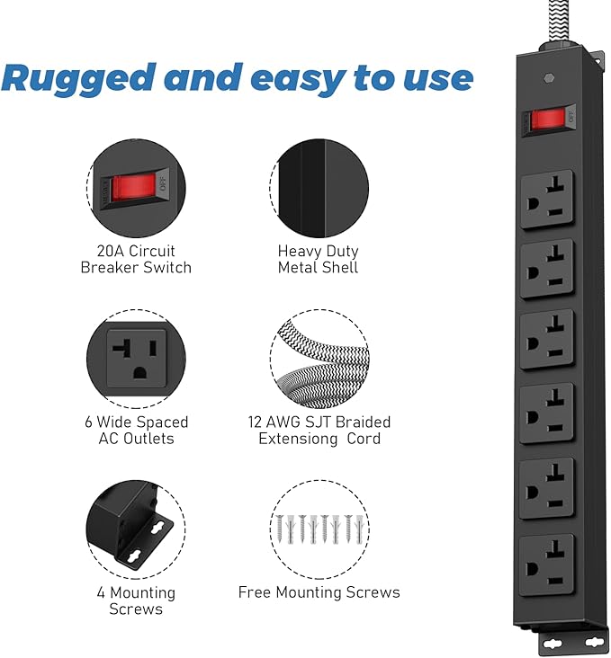 Heavy Duty Power Strip 20 amp Surge Protector,Wall mountable Power Strip,12 Gauge Extension Cord 5-15P Adapter High Amp 6-20R T-Slot Industrial Outlet,for Garage,Workshop & Industrial