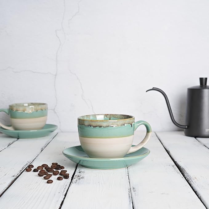 Bosmarlin Ceramic Cappuccino Cup and Saucer Set of 2, 10 Oz, Coffee Cups for Latte, Espresso, Tea, Dishwasher and Microwave Safe, Reavtive Glaze (Green)