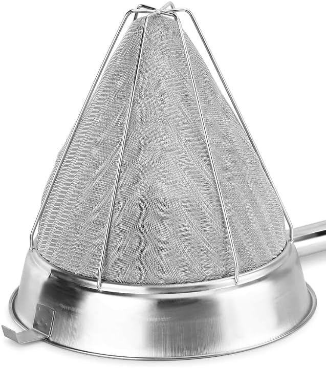 Stainless Steel Bouillon Strainer, 10-Inch Conical Fine Mesh, Heavy-Duty with Support Ring