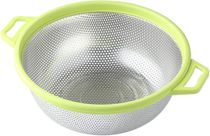 Stainless Steel Colander With Handle and Legs, Large Metal Green Strainer for Pasta, Spaghetti, Berry, Veggies, Fruits, Noodles, Salads, 5-quart 10.5” Kitchen Mesh Colander, Dishwasher Safe