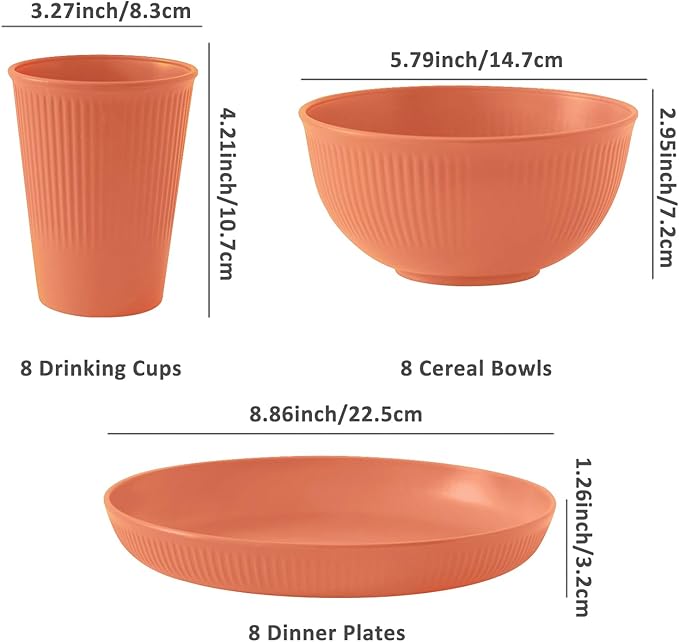 24pcs Wheat Straw Dinnerware Sets For 8, Unbreakable Plates and Bowls Wheat Straw Dinnerware Microwavable Cups Plates and Bowls Sets Shatterproof For Outdoor Kitchen Camping