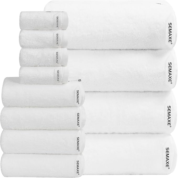 SEMAXE 12-Piece Family Bathroom Towel Set - 100% Cotton, 4 Bath Towels, 4 Hand Towels, 4 Washcloths, Ultra-Soft and Super Absorbent, Lighter Weight