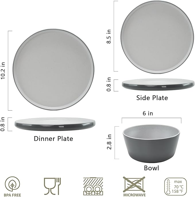 Melamine Dinnerware Sets, Dishware Sets for 4, 12 Pcs Plate and Bowl Set with Lipped Edges, Lightweight Dish Set for Camping,Dishwasher Safe,Good for Housewarming(Light Grey,White)
