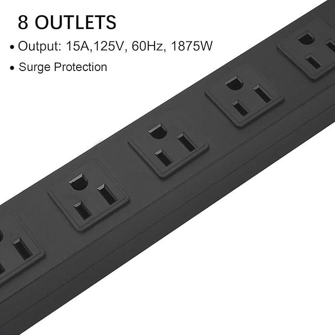 4Pack Metal 8 Outlet Mountable Power Strip, Wall Mount Outlet Heavy Duty, Wide Spaced Commercial Shop Power Strip with Switch, 6 FT Power Cord.
