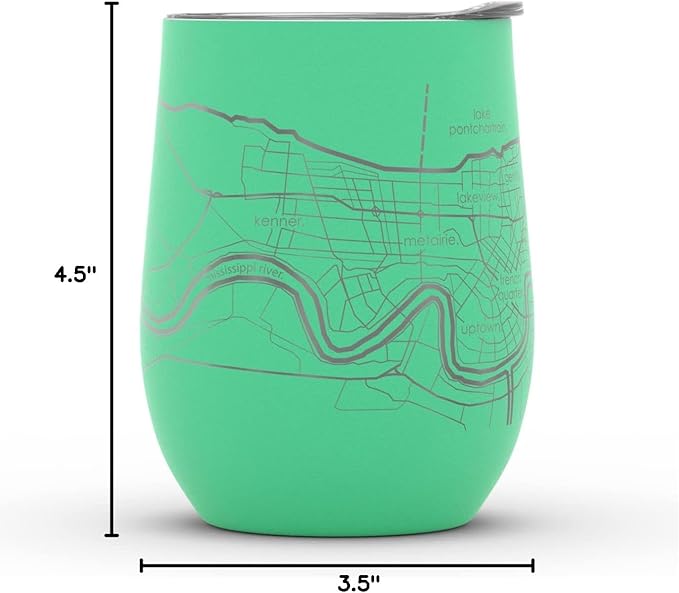 Well Told Engraved New Orleans Louisiana Map Insulated Wine Tumbler, Etched Stainless Steel Cup (12 oz, Sunday Green) City Map Insulated Tumbler, Custom Insulated Tumbler, Outdoor Drinkware