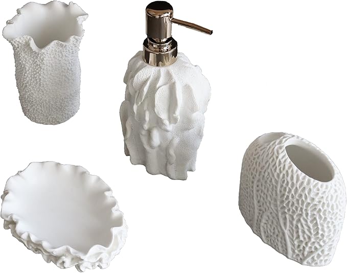 Hymmah Bathroom Accessories Set,Coral Seashell Design Toothbrush Holder,Farmhouse Bathroom Decor,4 Pcs Resin Gift Set Apartment Necessities, Contain Toothbrush Cup,Soap Dispenser,Soap Dish,Tumbler