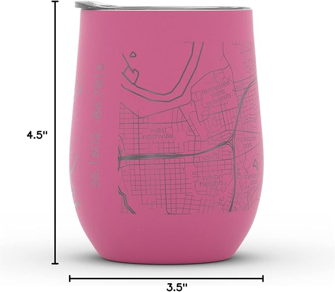 Well Told Engraved Nashville Tennessee Map Insulated Wine Tumbler, Etched Stainless Steel Cup (12 oz, Sunset Pink) City Map Insulated Tumbler, Custom Insulated Tumbler, Outdoor Drinkware
