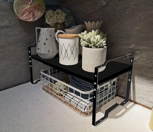 Expandable Shelf for Cabinet Organizer Adjustable Stackable Spice Rack at Kitchen and Bathroom More, Counter Countertop Cupboard Organization Pantry Storage(LARGE/1PACK/BLACK)