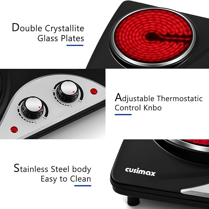 Hot Plate, CUSIMAX Electric Stove 1800W Double Burner, Portable Ceramic Infrared Cooktop, Dual Control Burners for Cooking, Heat-Up in Seconds, Compatible for All Cookwares, Black