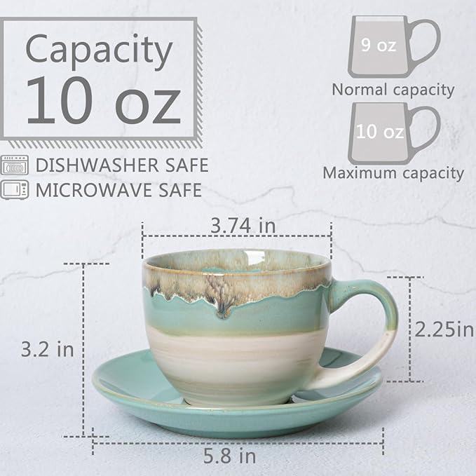 Bosmarlin Ceramic Cappuccino Cup and Saucer Set of 2, 10 Oz, Coffee Cups for Latte, Espresso, Tea, Dishwasher and Microwave Safe, Reavtive Glaze (Green)