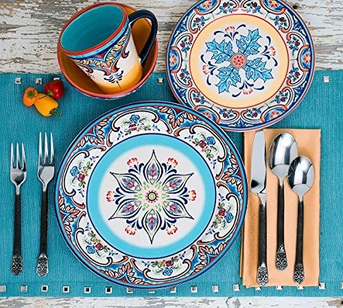 Euro Ceramica Zanzibar Collection 16 Piece Dinnerware Set Kitchen and Dining, Service for 4, Spanish Floral Design, Multicolor, Blue and Yellow