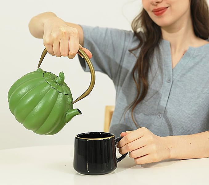 VICSKY Pumpkin Cast Iron Teapot (40 oz/1200 ml), Cute Natural Pumpkin Shape, Cast Iron Tea Kettle with Enamel Coated for Loose Tea Leaf, Stovetop Safe(Light Green)