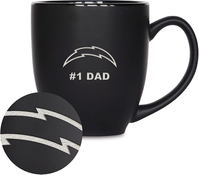 Rico Industries NFL Football #1 Dad 15oz Laser Engraved Matte Black Ceramic Bistro Mug - for Hot or Cold Drinks