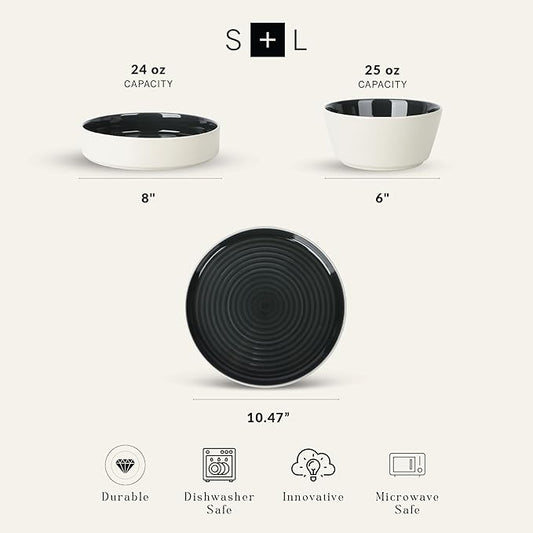 Stone Lain Elica 12-Piece Modern Dinnerware Set Stoneware, Plates and Bowl Sets for 4, Black and Beige