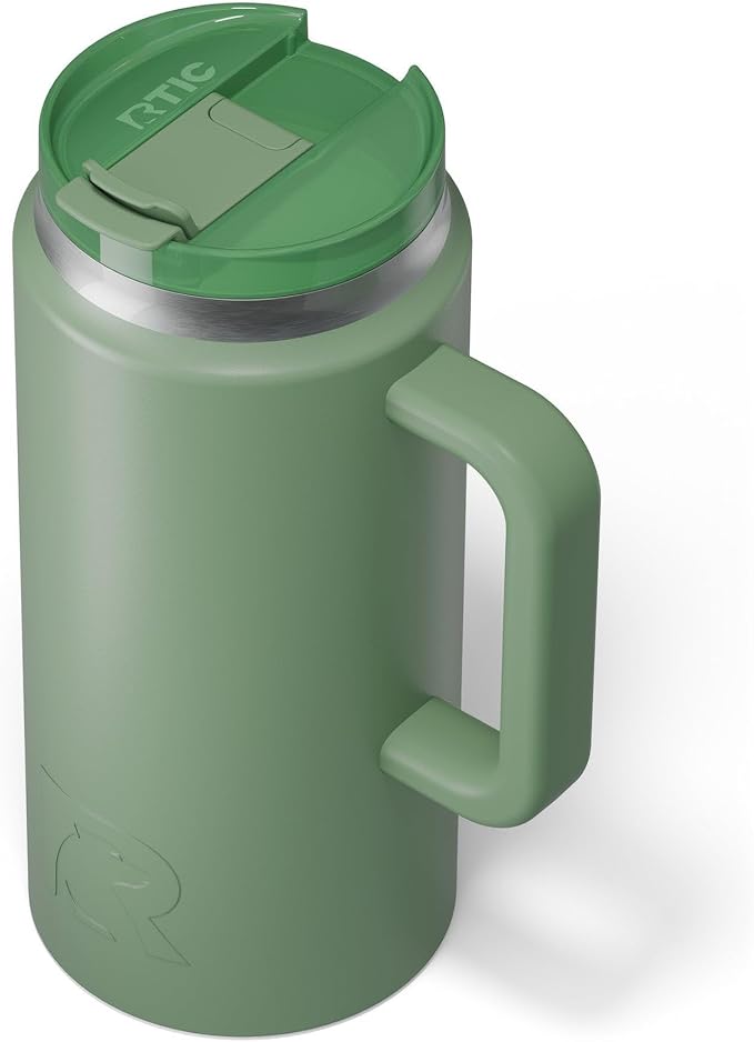 RTIC 64oz Road Trip Tumbler with Handle, Lid and Straw, Ceramic Lined, Insulated, Stainless Steel, Double Wall Vacuum-Insulation, Travel Cup, Sage