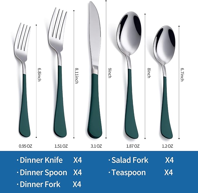 20-Piece Green Silverware Set 18/0 Stainless Steel Flatware Green Handle Cutlery Set Service for 4 Dinner Knives Forks Spoons Set Mirror Finish Dishwasher Safe
