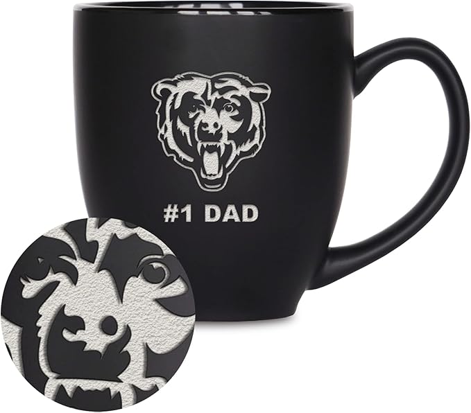 Rico Industries NFL Football #1 Dad 15oz Laser Engraved Matte Black Ceramic Bistro Mug - for Hot or Cold Drinks