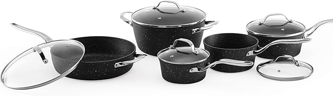 Starfrit The Rock 10PC Non-Stick Cookware Set - Durable Forged Aluminum - Oven Safe - PFOA Free - Easy to Clean - Black