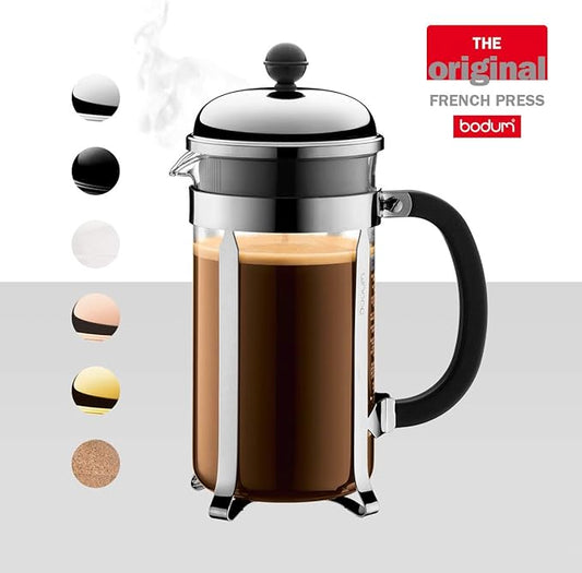 Bodum 34oz Chambord French Press Coffee Maker, High-Heat Borosilicate Glass, Stainless Steel, White – Made in Portugal