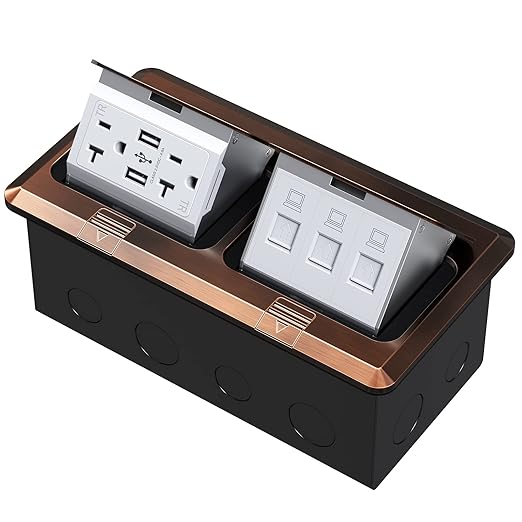 KYHSHJ Dual Pop-Up Floor Electrical Outlet Box Kit,20 Amp Stainless Steel USB TR Receptacle Outlet,3-Port RJ45 Datacom Receptacle, ETL Listed, Bronze