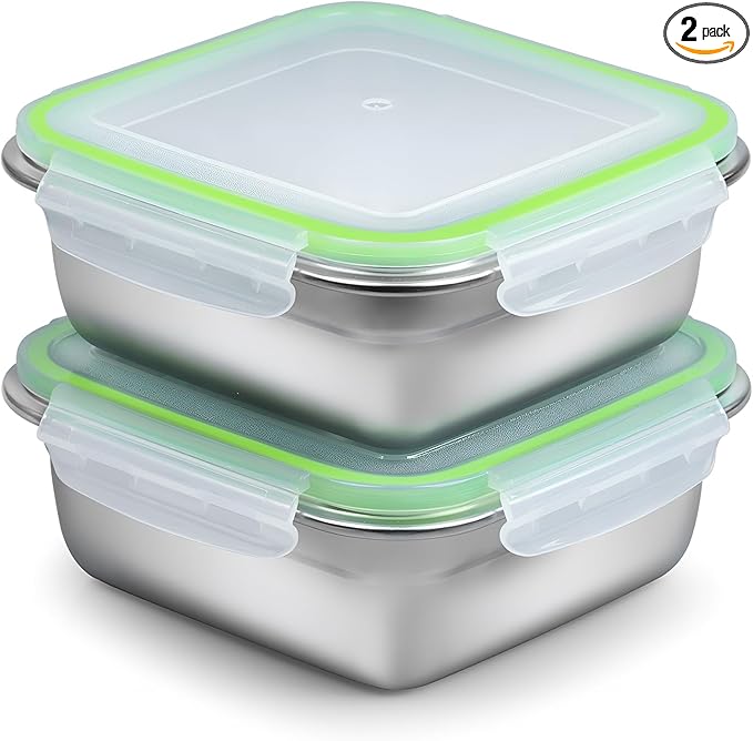 2 Pack Sandwich Containers, 24oz Stainless Steel Sandwich Box with Airtight Lids, Reusable Metal Meal Prep Lunch Boxes, BPA-Free, Dishwasher Safe, Food Storage Containers for Families (Green)