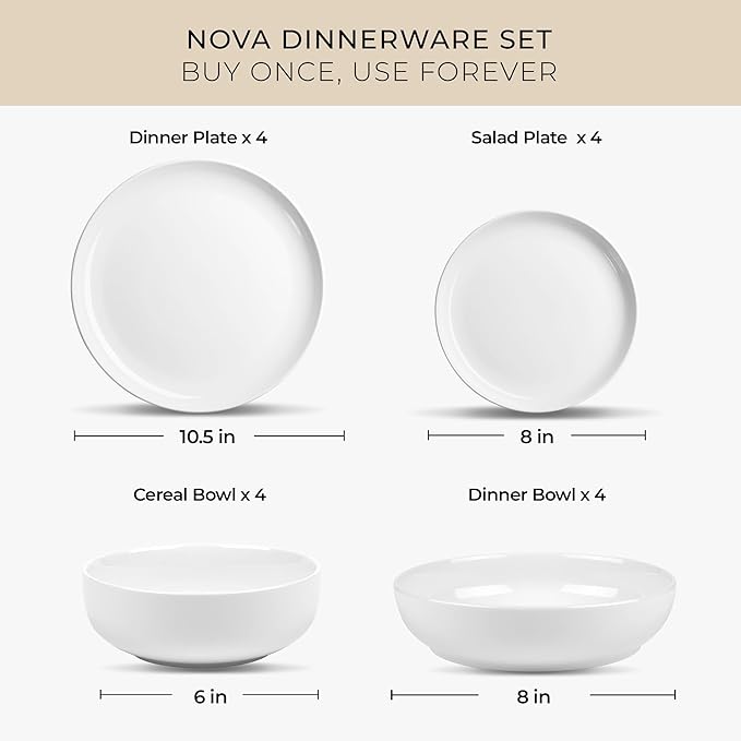 Zulay Kitchen Nova Porcelain Dinnerware Set, Service For 4 - Chip & Scratch Resistant White Plates And Bowls Sets - Microwave & Dishwasher Safe - White