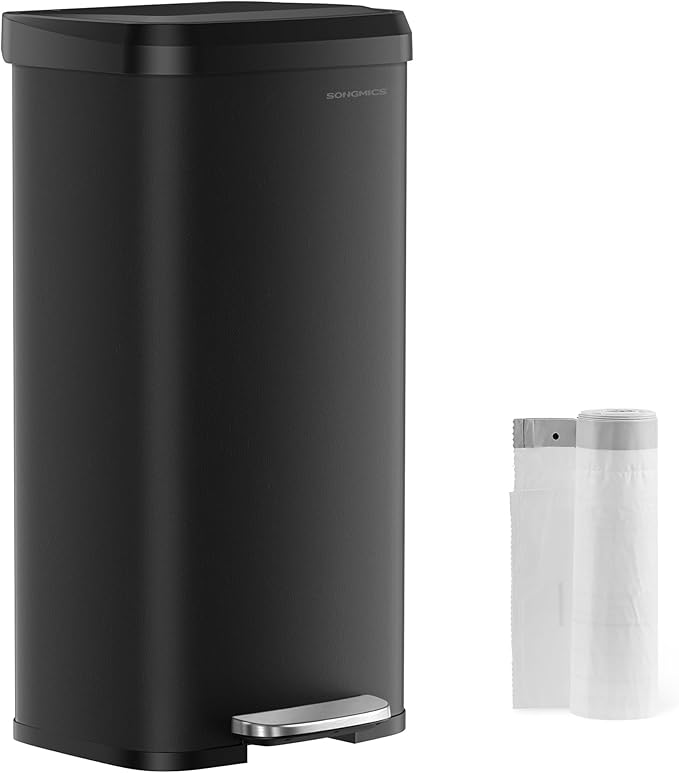 SONGMICS Kitchen Trash Can, 18-Gallon Stainless Steel Garbage Can, with Stay-Open Lid and Step-on Pedal, Soft Closure, Tall, Large and Space-Saving, Black ULTB520B68
