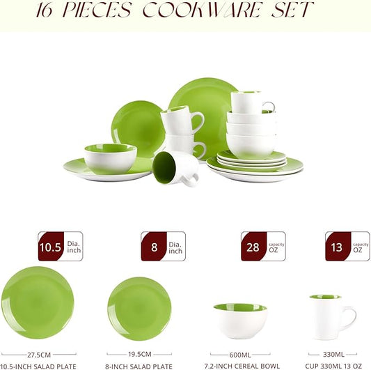 Stoneware Coupe Shape 16pc Dinnerware Set, Outside White + Inside Bamboo Color