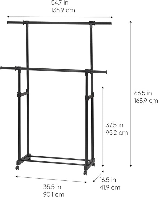 IRIS USA Portable Double-Rod Height Adjustable Clothes Rack with Extendable Bar and Lockable Wheels, Rolling Garment, Double Rod Wardrobe Rack, Easy Assemble, for Clothes, Belts, Shoes, and Bags