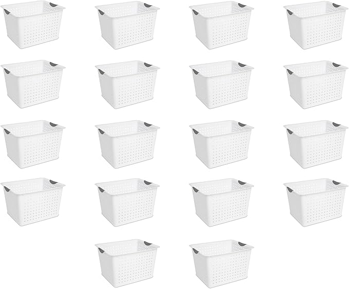 Sterilite Deep Ultra Basket, Closet Organizer Bin, Cabinets, Pantry, Shelving and Countertop Space Open Container, White, 18-Pack