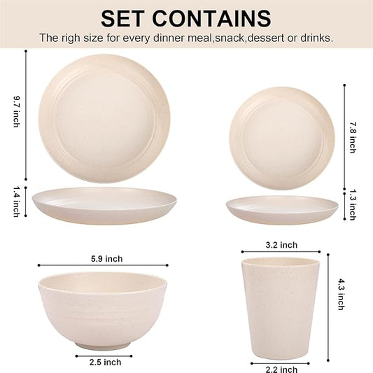 LIYH 24 Pcs Beige Plastic Wheat Straw Dinnerware Sets - Reusable Unbreakable Wheat Straw Bowls & Plates Dinner Set, Dishwasher Safe Plates Bowls Cups for Party Dish Set for 6 Kitchen & Camping